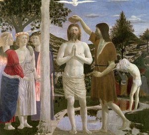 Taufe Christi, Detail von Christus, Johannes dem Täufer und Engeln, 1450