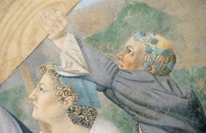 Detail aus Die Legende vom Wahren Kreuz, zeigt den Transport des Heiligen Holzes von Piero della Francesca