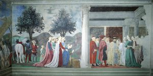 Detail aus der Legende vom Wahren Kreuz: Anbetung des Heiligen Holzes und Begegnung der Königin von Saba und König Salomo von Piero della Francesca