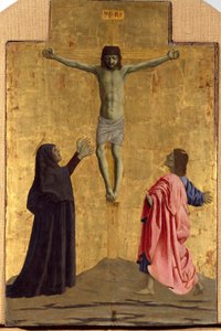 Polyptychon der Barmherzigkeit: Die Jungfrau der Barmherzigkeit, umgeben von Heiligen (Detail, zeigt die Kreuzigung mit der Inschrift „INRI“ am Kreuz)
