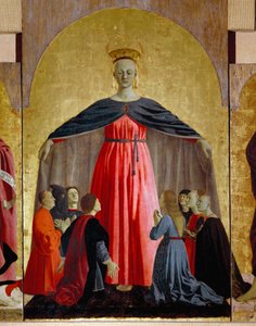 Polyptychon der Barmherzigkeit: Die Jungfrau der Barmherzigkeit, umgeben von Heiligen. Detail, der die Jungfrau Maria darstellt. Gemälde auf Holz von Piero della Francesca. Sansepolcro, Pinacoteca Comunale von Piero della Francesca