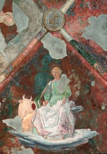 Heiliger Lukas. Detail eines Freskos, das Piero della Francesca (1410/1420-1492) zugeschrieben wird. San Michele Kapelle. Basilika Santa Maria Maggiore, Rom.