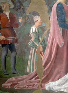 Die Legende vom Wahren Kreuz, die Königin von Saba verehrt das Holz des Kreuzes (Detail) von Piero della Francesca
