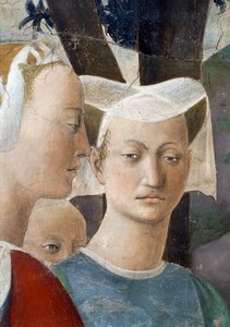 Die Legende vom Wahren Kreuz, die Königin von Saba verehrt das Holz des Kreuzes (Detail) von Piero della Francesca