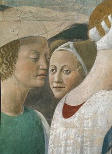 Die Legende vom Wahren Kreuz, die Königin von Saba verehrt das Holz des Kreuzes (Detail) von Piero della Francesca