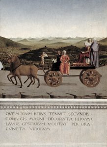 Triumph von Battista Sforza, Herzogin von Urbino. Battista und ihre Zofe, zwei theologische Tugenden und eine Nonne werden in einem Triumphwagen von zwei braunen Einhörnern gezogen, nach 1472 (Tempera auf Holz) (Detail) von Piero della Francesca