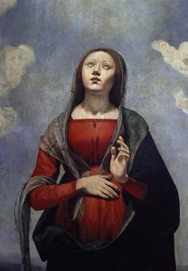 Die Jungfrau Maria mit der Taube des Heiligen Geistes über ihr, umgeben von sechs Heiligen (Detail)