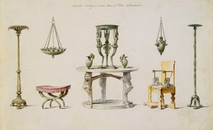 Verschiedene Vasen, Möbel, Altäre und Dreifüße, entdeckt in Herculaneum von Pierre Adrien Paris