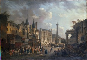 Jahrmarktsszene an einer imaginären Kreuzung in Paris, ca. 1770 von Pierre Antoine Demachy