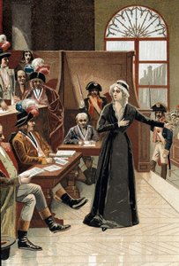 Französische Revolution: Die Königin von Frankreich Marie Antoinette vor dem Richter während ihres Prozesses am 14. Oktober 1793 (Zeichnung)