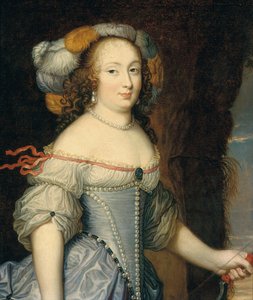 Porträt der Françoise Anthénaïs de Rochechouart de Mortemart, Marquise de Montespan (1640-1707), Halbfigur, als Diana, mit einem Federkopfschmuck und einem Bogen in der linken Hand