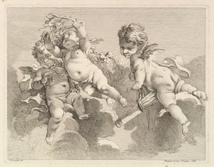 Drei Lieben, eine hält einen Köcher, die andere Trauben (1727-60)