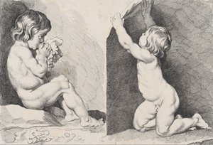 Zwei nackte Kinder, die Trauben essen, aus dem Neuen Kinderbuch, 1720-60 von Pierre Alexandre Aveline