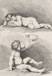 Zwei nackte Kinder, eines schlafend und das andere hält einen Kranz, aus New Book of Childr... von Pierre Alexandre Aveline