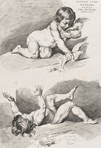 Zwei nackte Kinder spielen mit einem Blatt, aus dem Neuen Buch der Kinder, 1720-60 von Pierre Alexandre Aveline