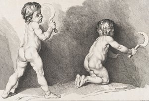 Zwei nackte Kinder stehen, aus dem Neuen Kinderbuch, 1720-60