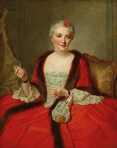 Porträt einer eleganten Dame, die ein Weberschiffchen hält, 1751 von Pierre Allais