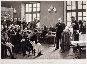 Eine klinische Vorlesung von Dr. Charcot in der Salpetriere im Jahr 1887. Studenten der Abteilung von Professor Jean Martin Charcot, der den Fall von Blanche Wittman erklärt, seiner Patientin und bevorzugten Versuchsperson für seine Forschungen zur Hysteri von Pierre Andre (after) Brouillet