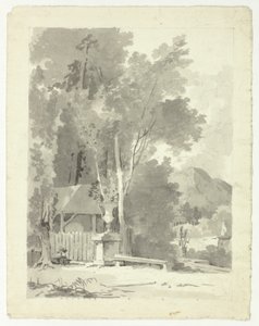 Klassische Urne vor einem Schuppen, mit Tempel und Berg im Hintergrund