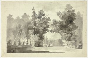 Ansicht des Parks von Versailles: Bogen der Leitern mit Pflanzen; Statuen von Pierre Antoine Mongin