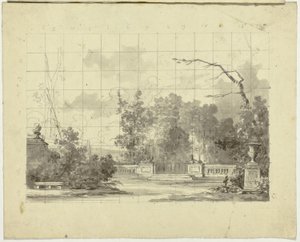 Blick auf den Park von Versailles: Balustrade mit zwei Sphinxen und Urne