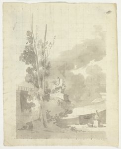 Blick auf den Park von Versailles: Terrasse, Bäume und Reiterstatue