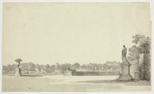 Blick auf den Park von Versailles: Terrasse mit Urne, Sphinx und weiblicher Statue