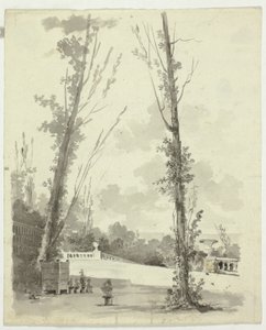 Blick auf den Park von Versailles: Zwei Pappeln mit balustriertem Weg im Hintergrund