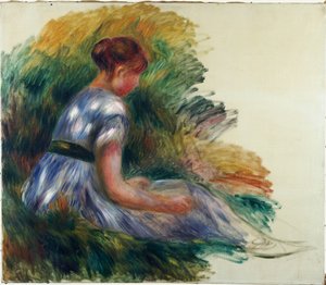 Alice Gamby im Garten, junges Mädchen im Gras sitzend, 1891 von Pierre Auguste Renoir