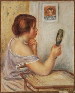 Gabrielle hält einen Spiegel oder Marie Dupuis hält einen Spiegel mit einem Porträt von Coco, frühe 1900er Jahre