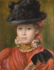 Mädchen mit schwarzem Hut und roten Blumen, ca. 1890 von Pierre Auguste Renoir