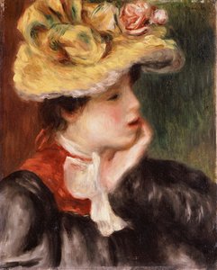 Kopf eines Mädchens mit gelbem Hut von Pierre Auguste Renoir