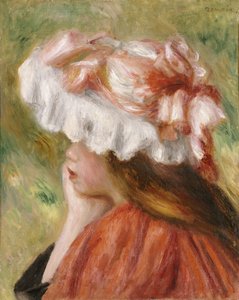 Kopf eines jungen Mädchens mit rotem Hut von Pierre Auguste Renoir