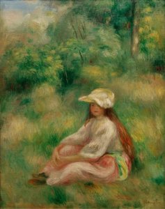 Junges Mädchen in Rosa in einer Landschaft von Pierre Auguste Renoir