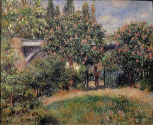 Die Eisenbahnbrücke in Chatou oder die rosa Kastanienbäume von Pierre Auguste Renoir