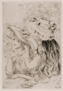 Zwei junge Mädchen, die Blumen an ihre Hüte stecken, ca. 1897