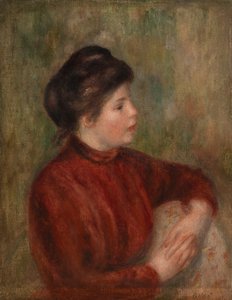 Frau lehnt an einem Stuhl von Pierre Auguste Renoir