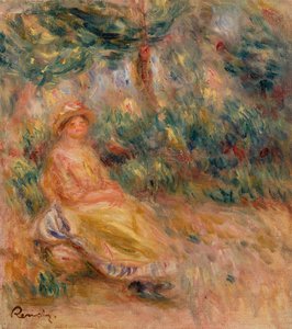 Frau in Rosa und Gelb in einer Landschaft