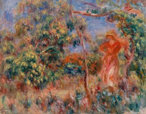 Frau in Rot in einer Landschaft von Pierre Auguste Renoir
