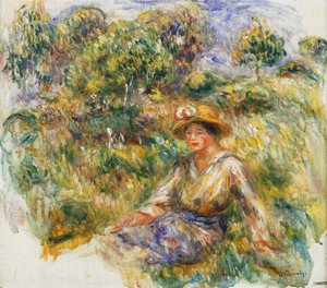 Frau in Blau mit Hut, sitzend auf dem Gras, ca. 1916
