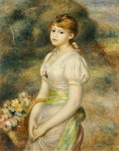 Junges Mädchen mit einem Korb voller Blumen
