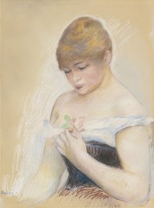 Junge Frau mit einer Blume. Porträt der Schauspielerin Jeanne Samary, um 1880 von Pierre Auguste Renoir