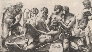 Acht Satyrn und Satyrinnen beenden eine Mahlzeit (1607-61) von Pierre Biard