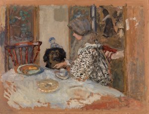 Frau mit Hund, oder Frau und Hund am Tisch