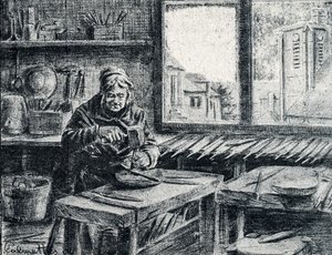 Ein Arbeiter bei der Feilenherstellung. Gravur von Pierre Calmette. Private Sammlung