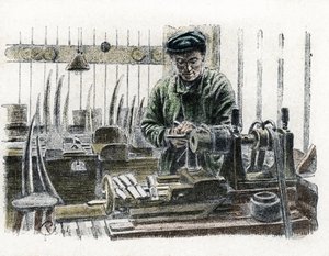 Ein Elfenbeinarbeiter schnitzt Elefantenstoßzähne in seiner Werkstatt, Gravur aus „Excursion à travers les métiers“ von Pierre Calmette, Privatsammlung
