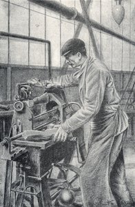 Schneiden von Gewehrkolben in einer Waffenfabrik, Gravur von Pierre Calmette, Privatsammlung
