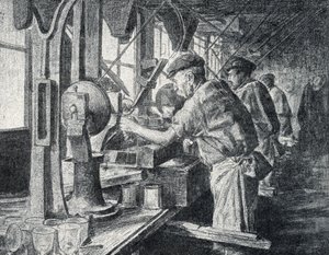 Schneiderei in der Kristallglasmanufaktur in Sèvres bei Paris, Gravur aus „Excursion à travers les métiers“ von Pierre Calmette, Privatsammlung von Pierre Calmettes