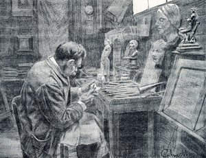 Elfenbeinarbeiter schnitzt Elfenbein mit Meißeln, Schabern und Hohlbeiteln, Gravur aus „Excursion à travers les métiers“ von Pierre Calmette, Privatsammlung
