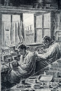 Pariser Arbeiter bei der Spielzeugherstellung. Gravur von Pierre Calmette. Private Sammlung von Pierre Calmettes